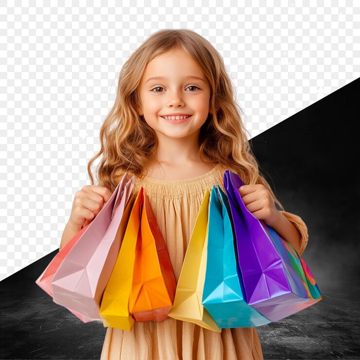 PSD una chica sosteniendo una bolsa de compras con una foto de una chica sonriente