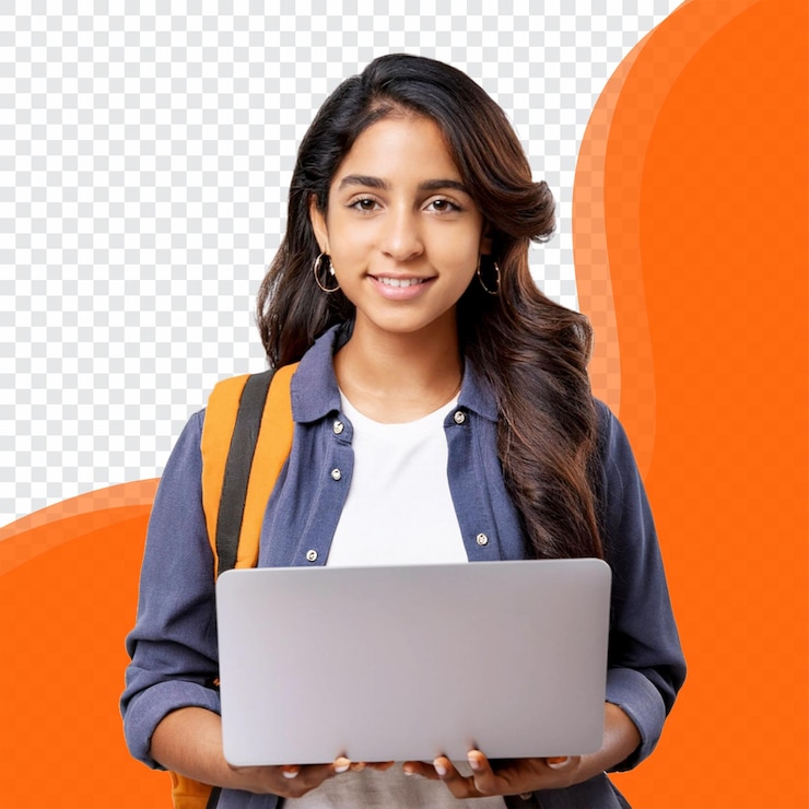 PSD una chica sosteniendo una computadora portátil con un fondo naranja