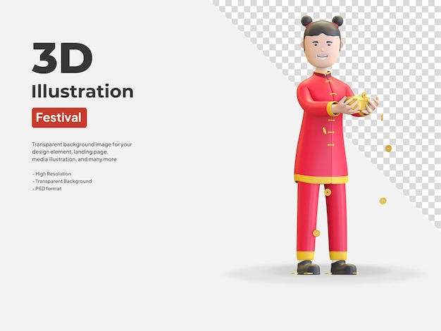 Chica sosteniendo lingote de oro sycee celebrando el festival de año nuevo chino ilustración de render 3d