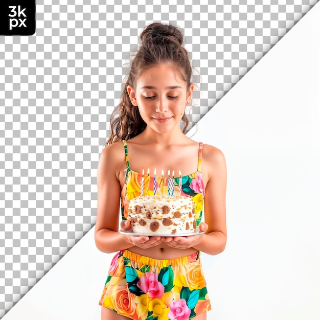 Una chica sosteniendo un pastel con un pastel de cumpleaños en él