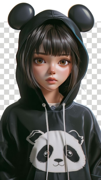 una chica con una sudadera de panda con fondo transparente