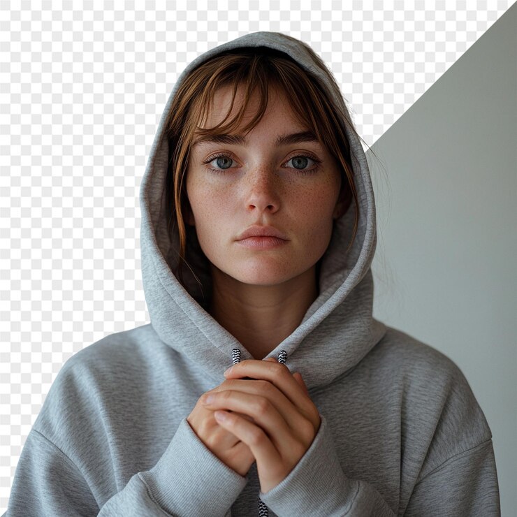 PSD una chica con una sudadera que dice "está usando una sudadera"
