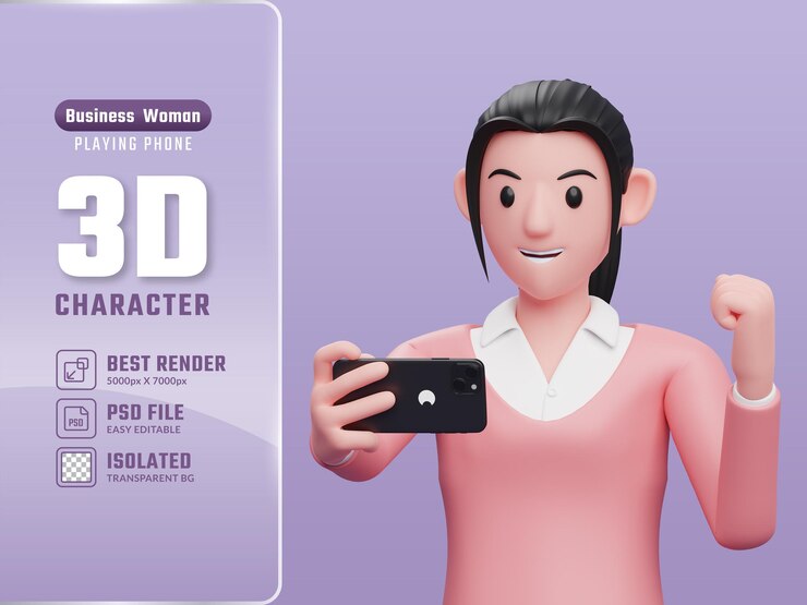 PSD chica en sudadera rosa celebrando mientras mira una ilustración de personaje de render 3d de teléfono celular