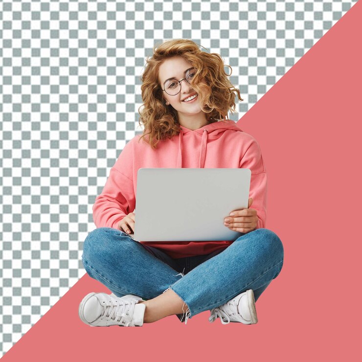 PSD una chica con una sudadera rosa está sentada frente a un fondo a cuadros rojo y negro