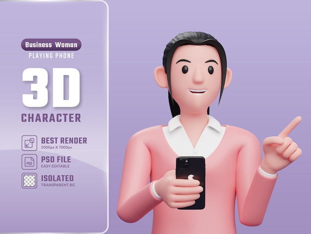 Chica con sudadera rosa sosteniendo un teléfono celular mientras señala hacia un lado eligiendo algo Ilustración de personaje de render 3d