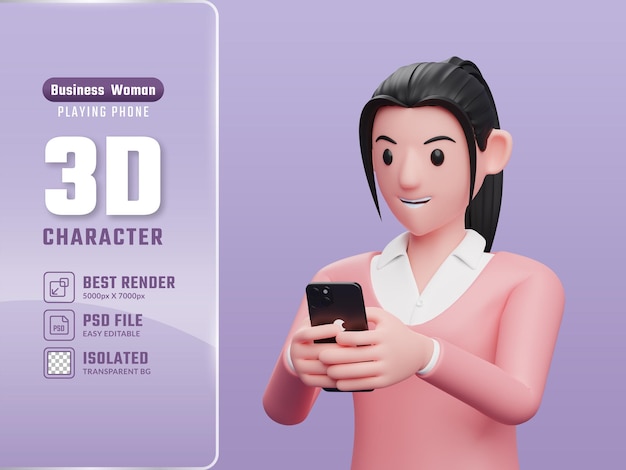 Chica en suéter jugando con una ilustración de personaje de render 3d de teléfono celular