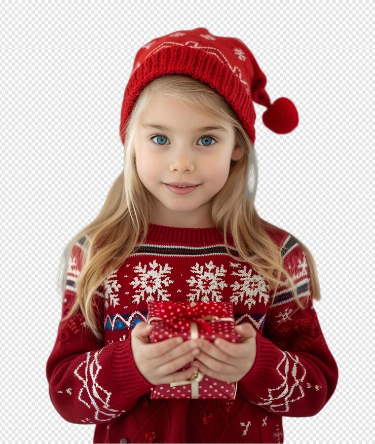 una chica con un suéter de Navidad rojo con copos de nieve en él