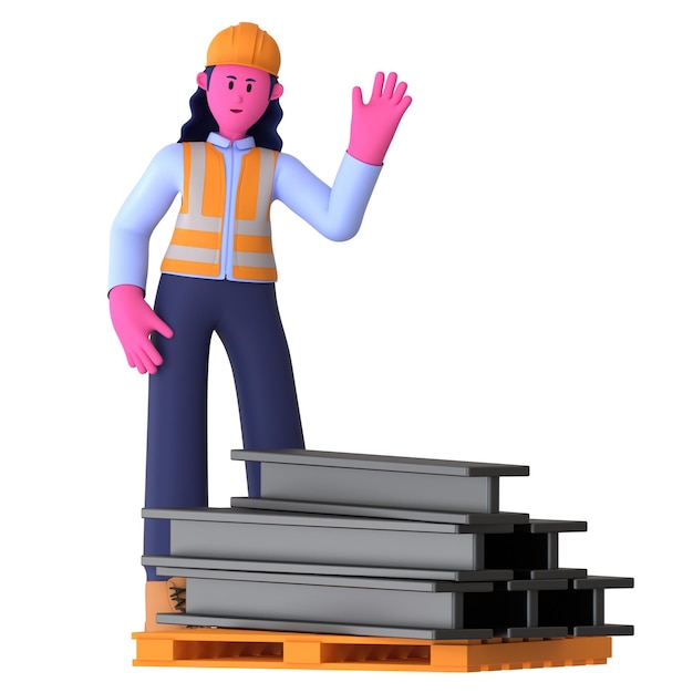 La chica trae aceros trabajador de la construcción 3d