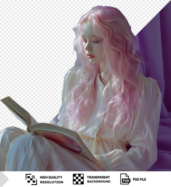 Una chica transparente con cabello rosa leyendo un libro cerca de la ventana png