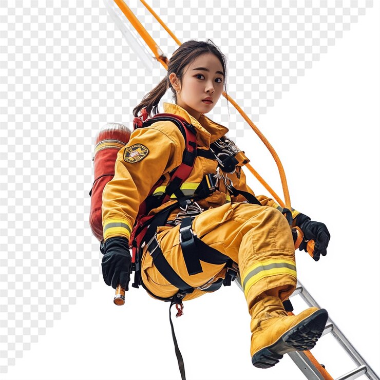 PSD una chica en un uniforme de bomberos amarillo está en una escalera