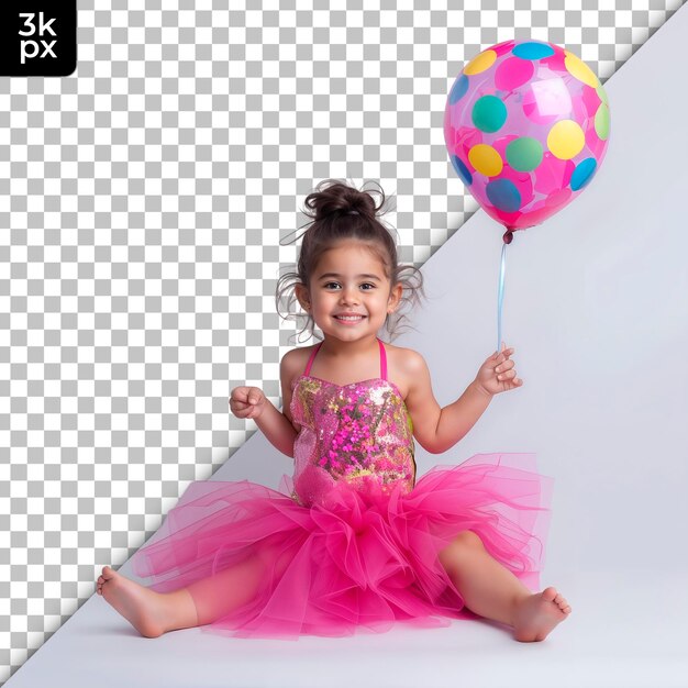 Una chica en un vestido rosa con un globo en él