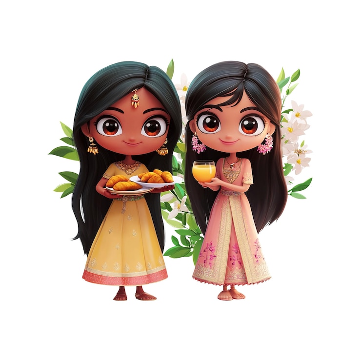 PSD chicas indias adorables disfrutando de golosinas y jugos tradicionales