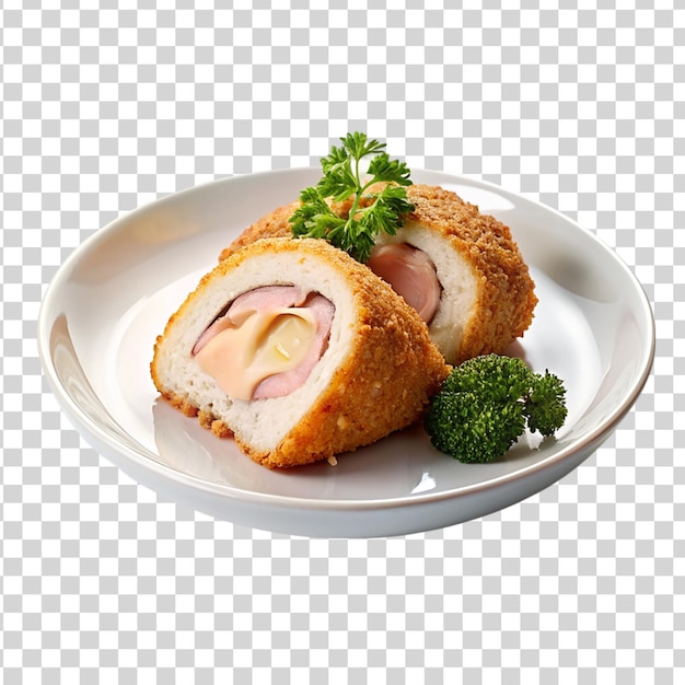 Chicken Cordon Bleu Dans Une Plaque Blanche Isolée Sur Un Fond Transparent