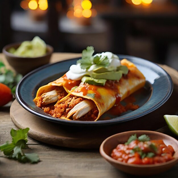 Chicken enchiladas comida mexicana texmex no bar do restaurante da praia