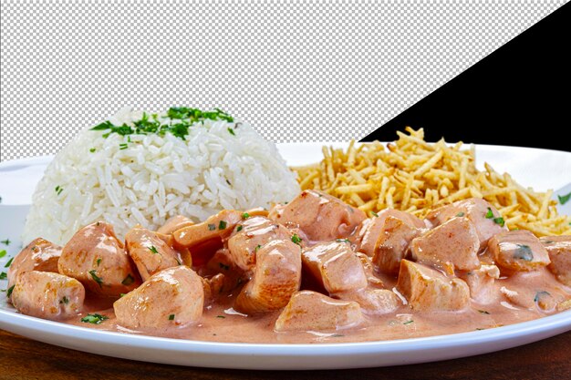 PSD chicken stroganoff mit strohkartoffeln und reis