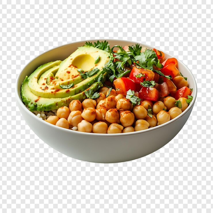PSD el chickpea picante y el plato de aguacate aislados sobre un fondo transparente