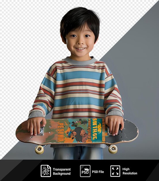 Un chico asiático lindo con una camisa a rayas y un skateboard png psd