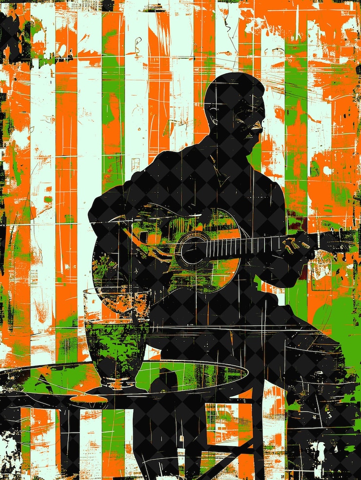 PSD chico buarque spielt gitarre bei einem konzert mit einem roten caipiri brasilien szene und kultur illustrationen