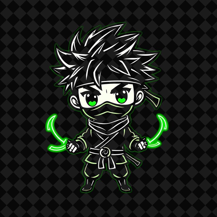 PSD chico chibi aventurero con cabello puntiagudo y desordenado vestido ninja shuriken banda para la cabeza neon verde y negro
