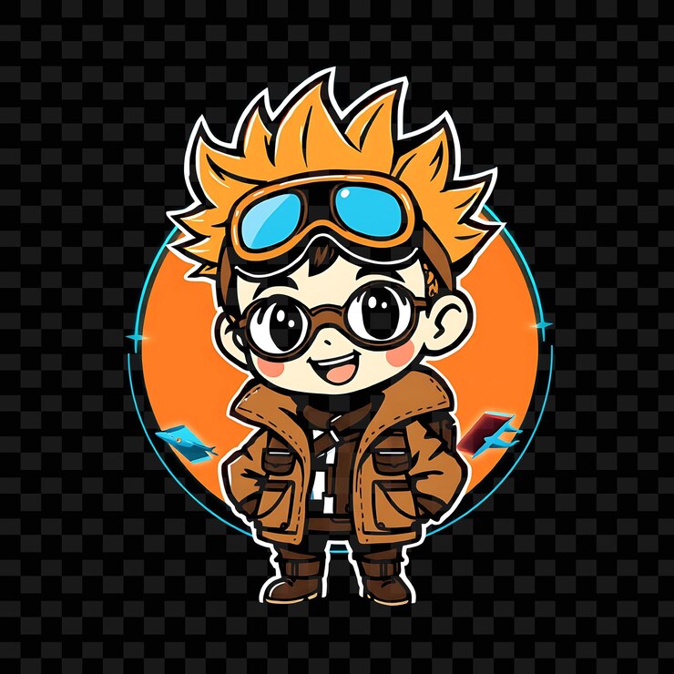 PSD chico chibi aventurero con cabello puntiagudo y gafas de piloto chaqueta de aviador mapa azul neón y marrón c