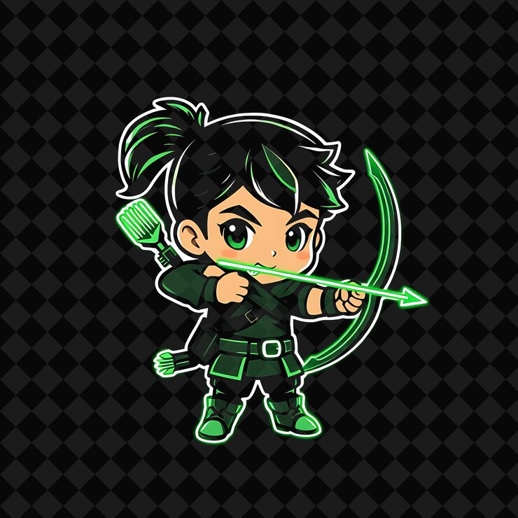 PSD chico chibi aventurero con cola de caballo vestido de arqueros arco y flecha brillantes neon forest green co