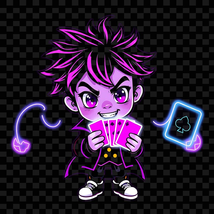 PSD chico chibi travieso con cabeza de cama desordenada vestido de mago de la calle deck de cartas brillante neon vibra