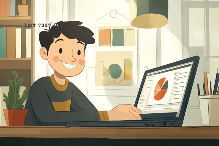 PSD chico feliz trabajando en una computadora portátil analizando gráficos de datos