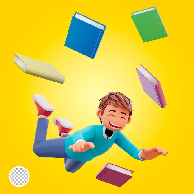 Chico lindo caer con muchos libros de dibujos animados icono 3d ilustración. concepto de icono de educación de personas