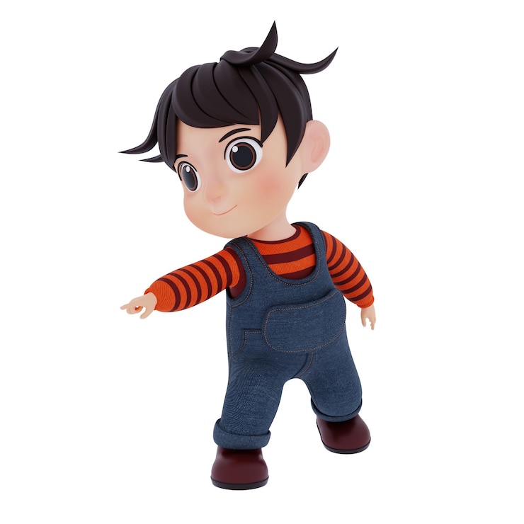 PSD chico lindo señalando la ilustración de renderizado 3d usando jeans en general y dibujos animados de tela a rayas