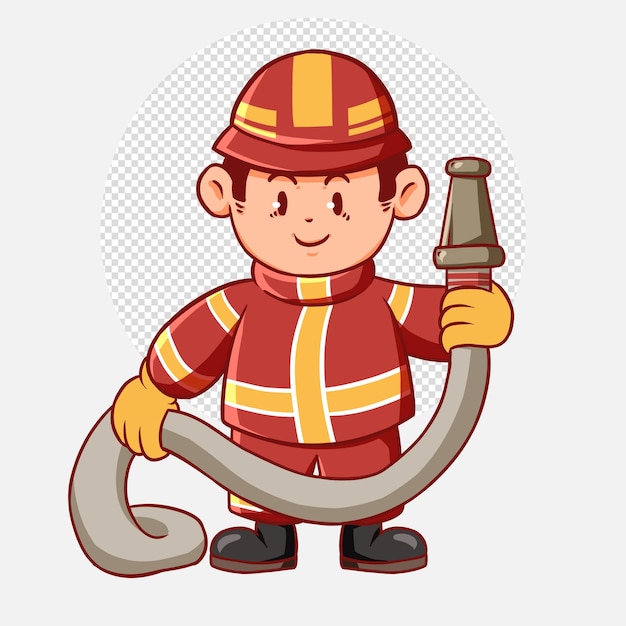 Chico lindo con uniforme de bombero y manguera de sujeción. imagen de bombero