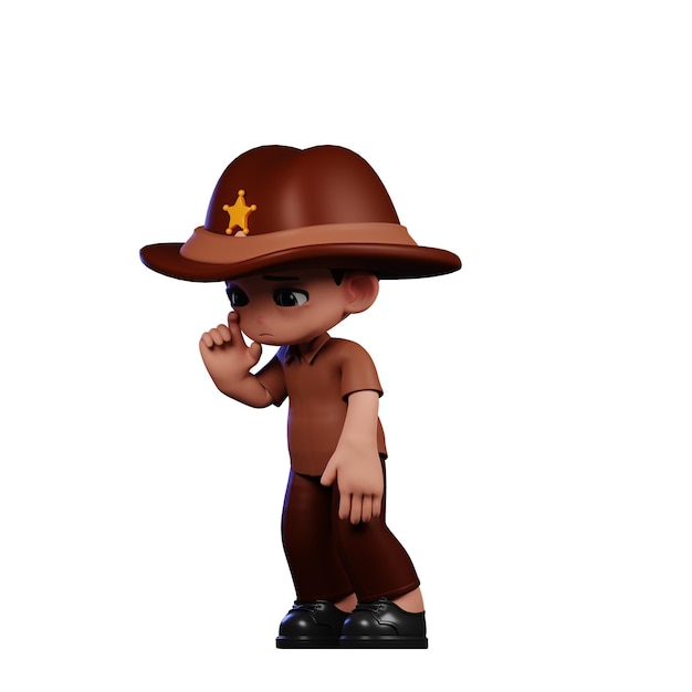 El chico sheriff de 3D de pie en una postura triste