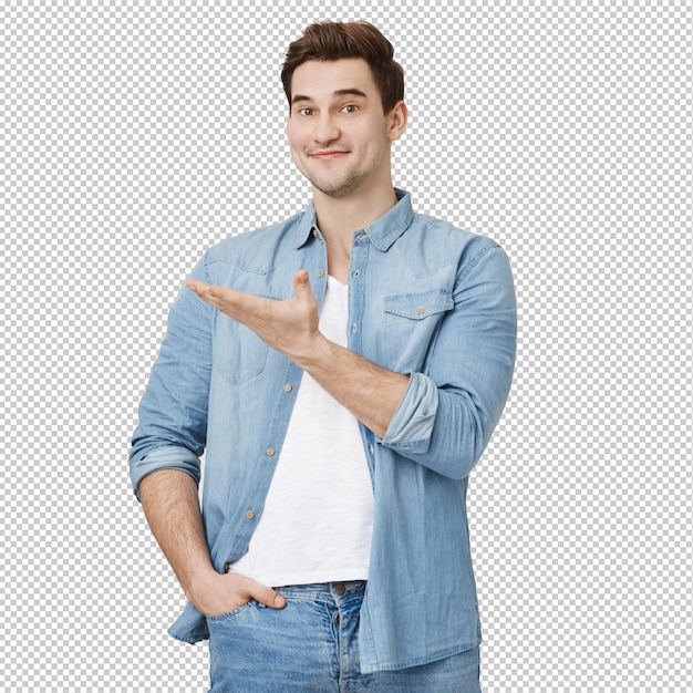 Chico sonriente alegre introducir banner apuntando con la mano izquierda