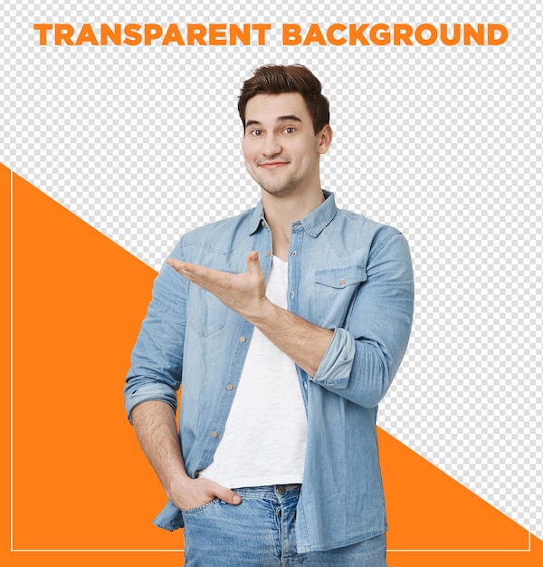 Chico sonriente alegre introducir banner apuntando con la mano izquierda
