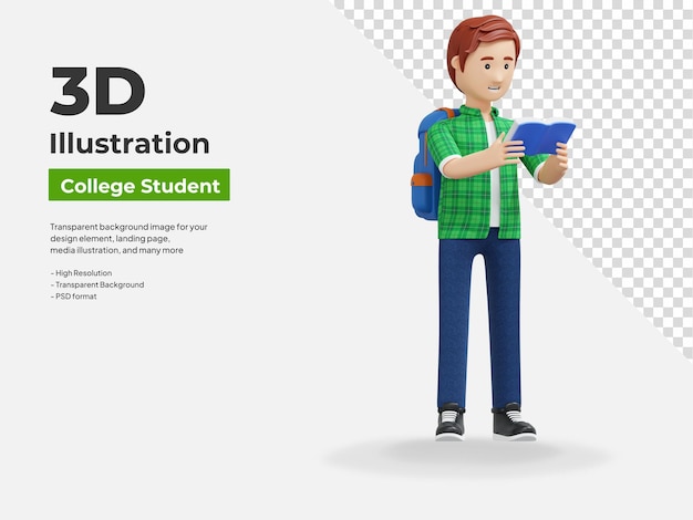 chico universitario leyendo un libro mientras está de pie ilustración de dibujos animados en 3d