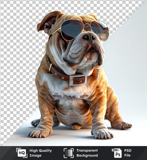 PSD chien de bulldog à l'image premium transparent avec des lunettes de soleil assis sur le sol