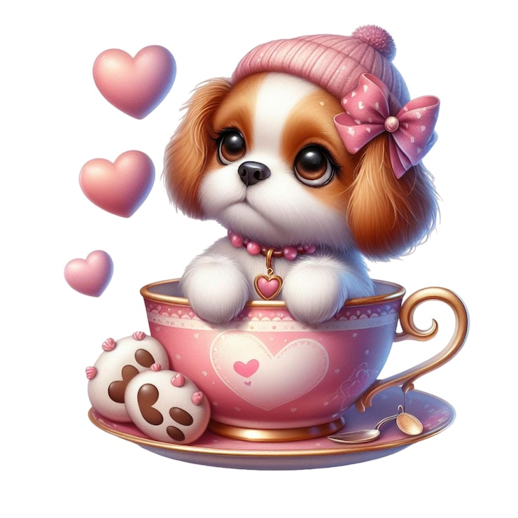 PSD un chien avec un chapeau rose et un nœud rose est assis dans une tasse de thé avec des cœurs dessus