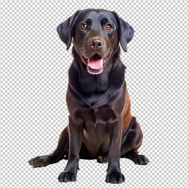 un chien avec un collier noir est assis sur un fond blanc