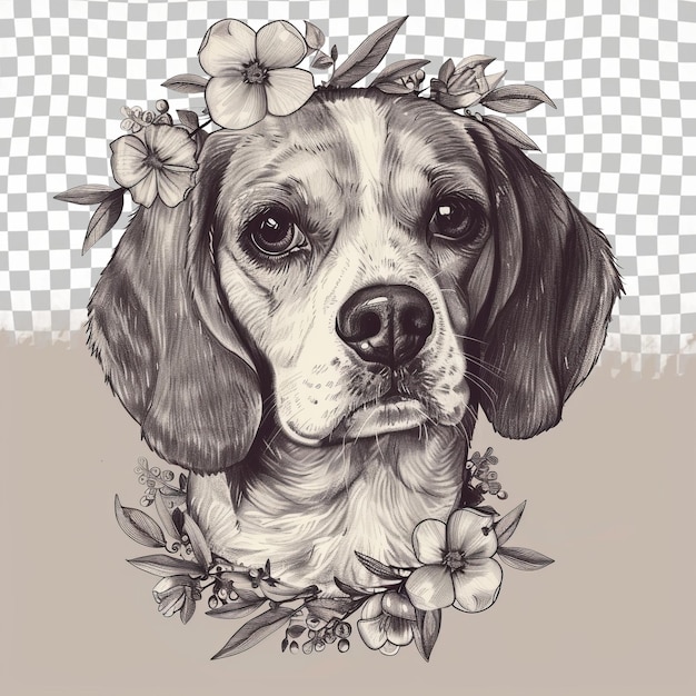 PSD un chien avec une couronne sur sa tête est représenté avec une couronne de fleurs sur elle