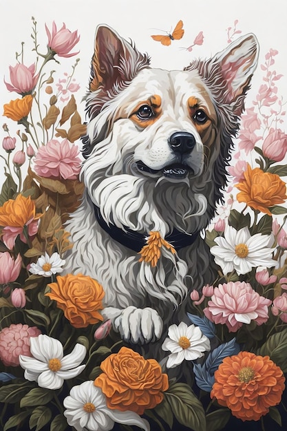 Chien Avec Des Fleurs En Arrière-plan