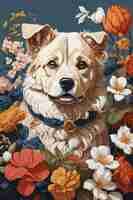 PSD chien avec des fleurs sur fond coloré