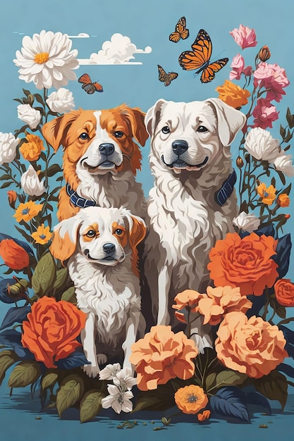 PSD chien avec des fleurs sur fond coloré