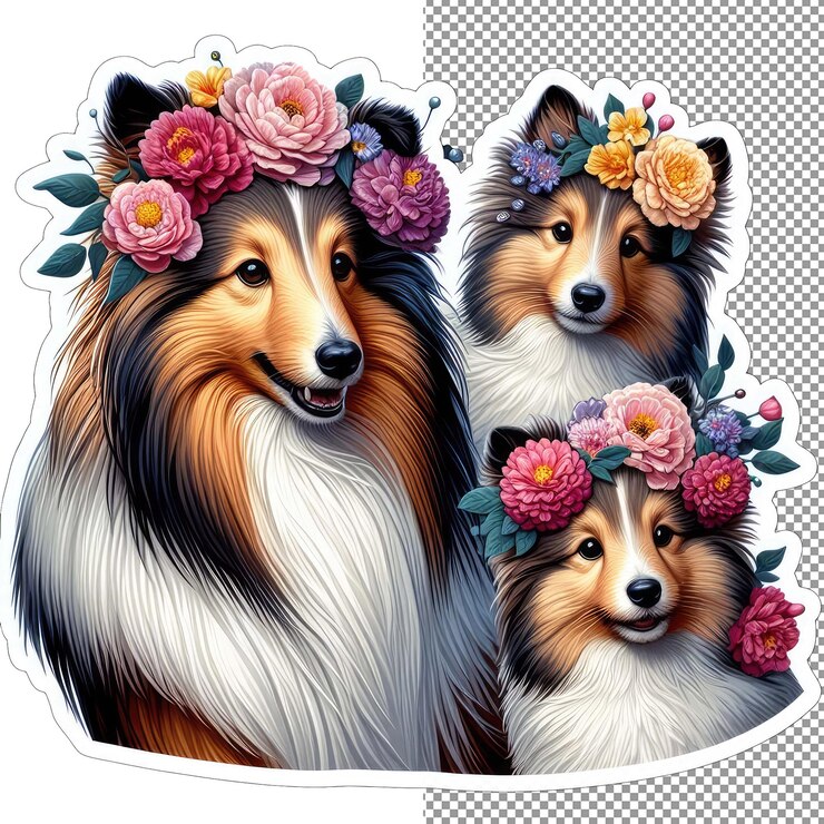PSD chien mère de famille à fourrure florale avec autocollant de chiot ludique