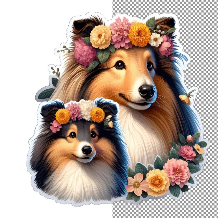 PSD chien mère de famille à fourrure florale avec autocollant de chiot ludique