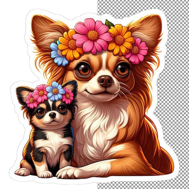 PSD chien mère de famille à fourrure florale avec autocollant de chiot ludique
