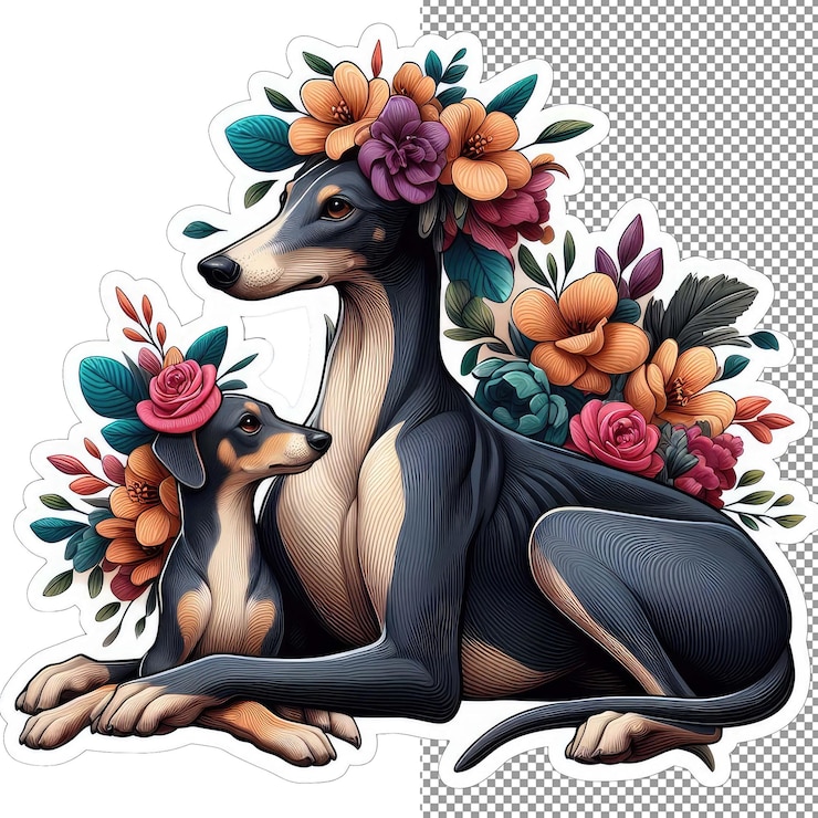 PSD chien mère de famille à fourrure florale avec autocollant de chiot ludique
