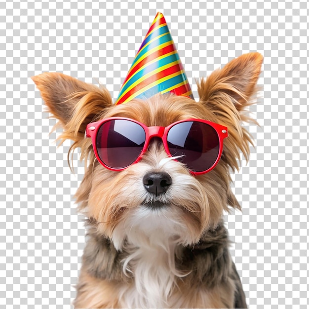 PSD un chien mignon portant un chapeau de fête et des lunettes de soleil sur un fond transparent