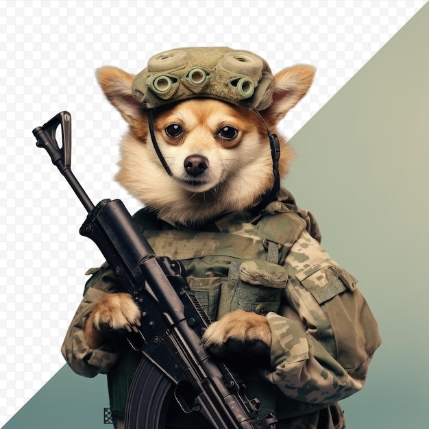 PSD un chien militaire en uniforme brandit un fusil sur un fond transparent