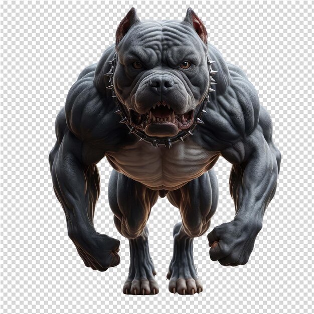 PSD un chien noir avec des chaînes sur son corps se tient devant une grille qui dit loup
