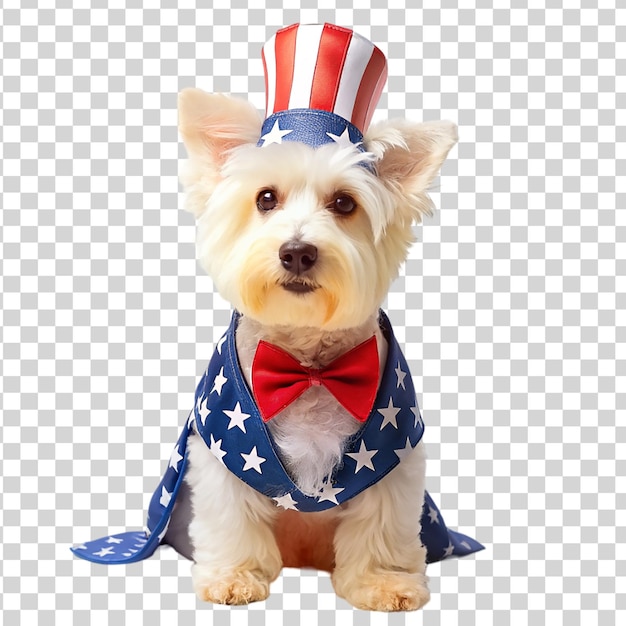 PSD chien patriotique portant des costumes avec le drapeau américain isolé sur un fond transparent