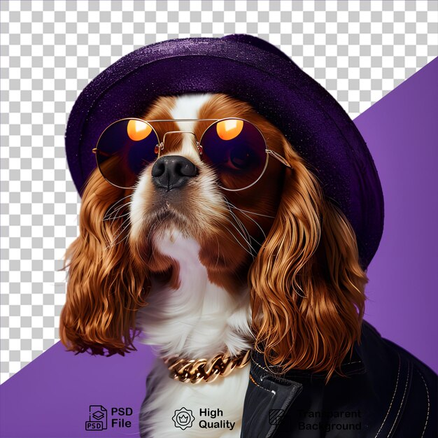 PSD chien portant un chapeau violet et des lunettes isolé sur un fond transparent comprend un fichier png